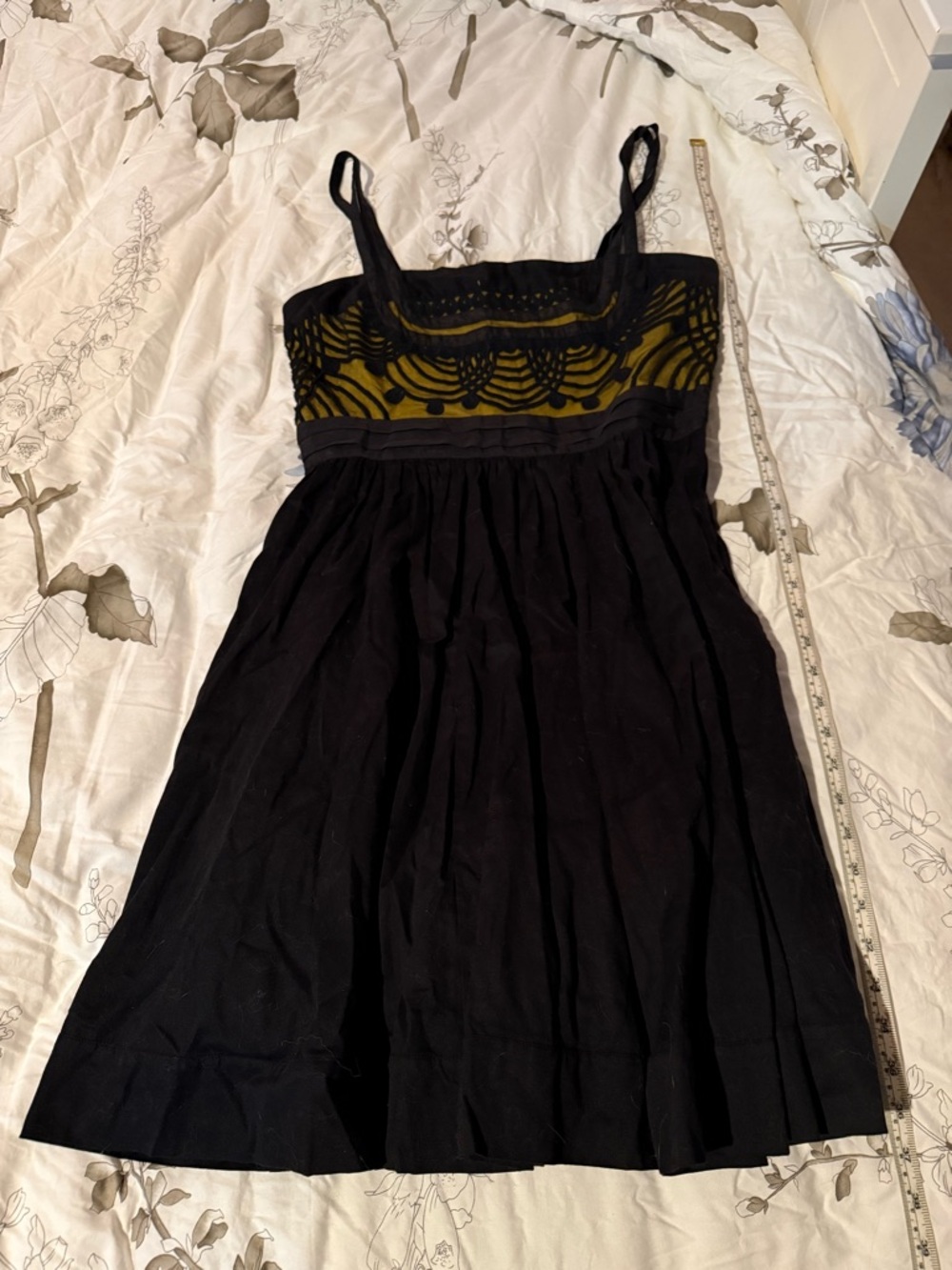 Anthropologie Floreat Black Dress with Gold Lace Yoke